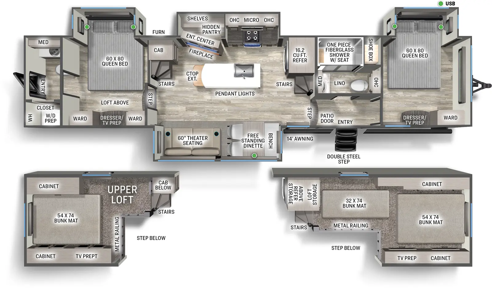 The Sierra Destination 40DUPLEX floorplan has two entries and four slide outs. Exterior features include: fiberglass exterior and 14' awning. Interiors features include: loft, kitchen island, free-standing dinette option, front bedroom, two bedrooms, rear bathroom and bathroom and a half.